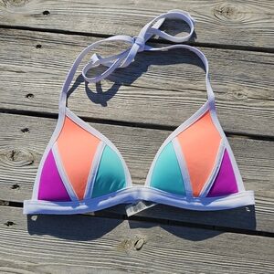 Victoria's Secret Color Block Triangle Bikini Top Sz S 12/2015 White & Neon
